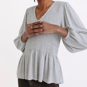 NWT Madewell Lucie V-Neck Smocked Peplum Top Wool Blend Gauze Blouse Size L Gray